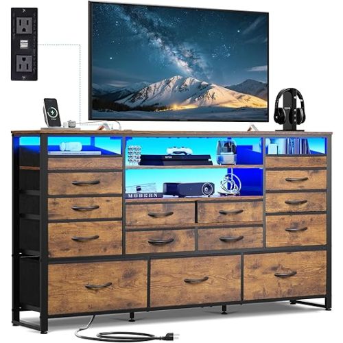 WLIVE TV Stand for 55, 60, 65 inch TV, Entertainment Center with LED Lights & Charging Station, TV Media Console Table with 15 Fabric Drawers and Open Shelves for Living Room, Hallway, Rustic Brown