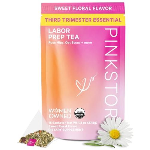 Pink Stork Labor Prep Tea, Organic Red Raspberry Leaf with Chamomile and Rosehip, Caffeine-Free, Pregnancy Must Haves, Labor and Delivery Essentials, Third Trimester Pregnancy - 15 Sachets | Organic, Caffeine-Free, Pregnancy Must Haves