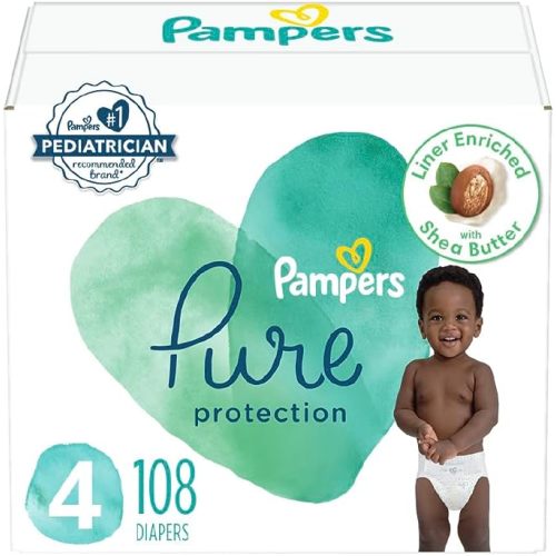 Pampers Pure Protection Diapers - Size 4, 108 Count, Hypoallergenic Premium Disposable Baby Diapers