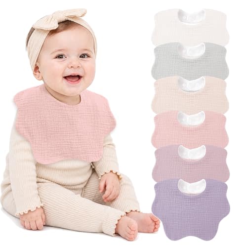Bearmoss Muslin Baby Bibs for Drooling & Teething Cotton Drool Bib 6 Pack | Soft Absorbent Adjustable Bibs for Unisex Boys and Girls,Easy to Clean for Infant,Toddler, Newborn,Wider design,0-36 Months
