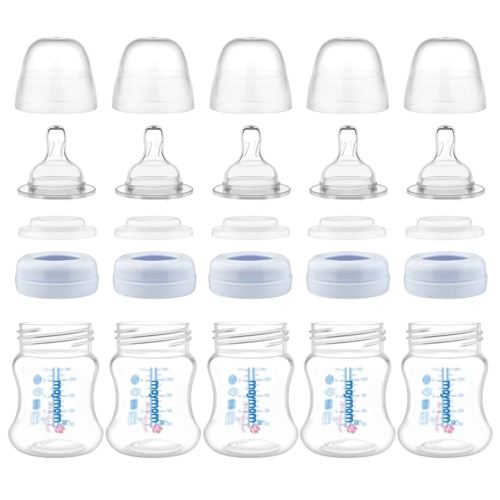 Maymom Wide-Mouth Milk Storage Feeding Collection Bottle with Nipple, Dome Cap, Bottle Top, SureSeal Sealing Disk; Compatible with Spectra Pump/Motif Luna; 5 pc (4.7Oz/140mL)