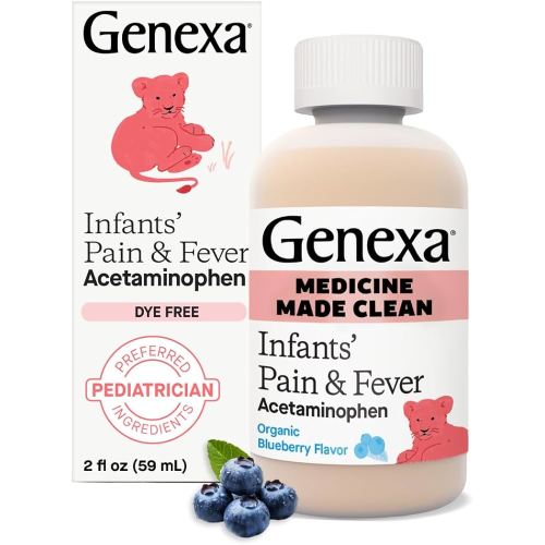 Genexa Infants' Clean Acetaminophen | Pediatrician Preferred Ingredients | Pain Reliever & Fever Reducer for Babies | Dye Free, 0% Artificial Additives | Delicious Organic Blueberry Flavor, 2 fl oz