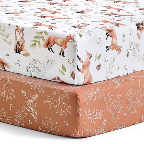 Pack n Play Sheets, BROLEX 2 Pack Mini Crib Sheets,Stretchy Portable Fitted Playard Sheet Set, Convertible Playard Mattress Cover,Ultra Soft Breathable Material,Fox&Foliage