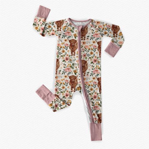 Bamboo Highland Cow Floral Baby Outfit with Zipper, Coming Home Outfit, Baby Girl Sleeper