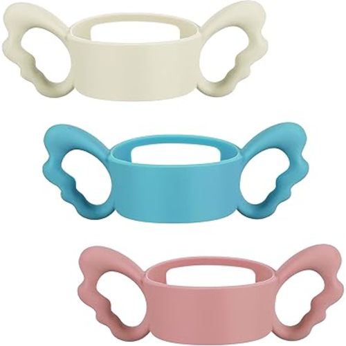 3 Pack Baby Bottle Handles Silicone Wide Neck Feeding Handle Easy Grip Lightweight Bottle Handle Small Hand Gripping for Self Feeding(Pink, Light Gray,Blue)