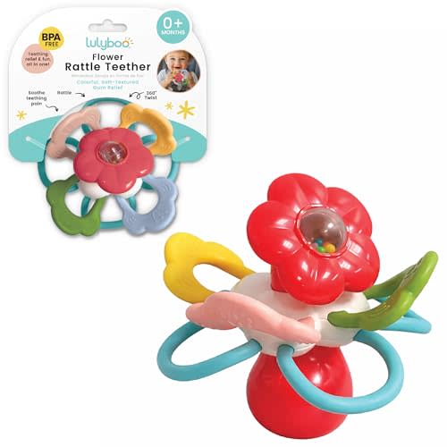 Lulyboo Flower Rattle Teether: BPA-Free Silicone with Textured Petals, Built-in Rattle Beads and 360° Twist. Soft, Flexible Design soothes Gums While Supporting Sensory and Motor Skill Development