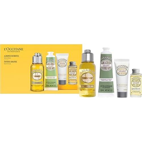 L'OCCITANE Almond Favorites Set: Cleansing Shower & Supple Skin Oils, Hand Cream & Moisturizer, Travel Size Skincare Essentials, Bath & Body Gift Set
