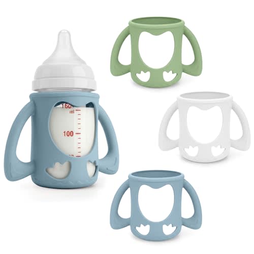 3 Pack Silicone Baby Bottle Handles & Holders for Pigeon Bottles 5.4oz, Food Grade Anti-Breakage Silicone Sleeve for Glass Bottle - Great Upgrade for Your Baby Bottle Sets (White+Green+Blue)