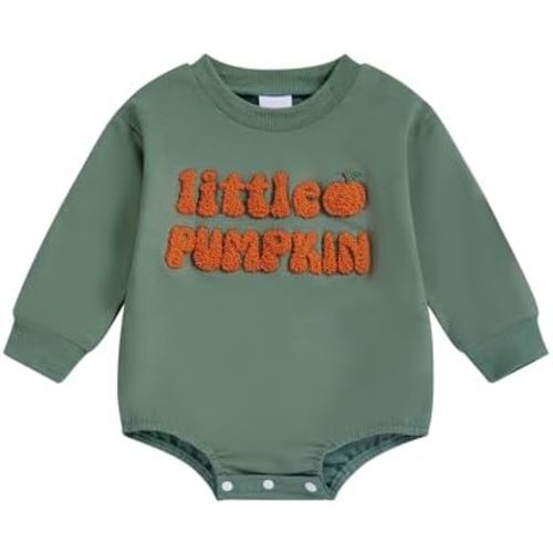 Newborn Baby Boy Girl Halloween Outfit Little Pumpkin Embroidery Long Sleeve Bubble Romper Sweatshirt Bodysuit
