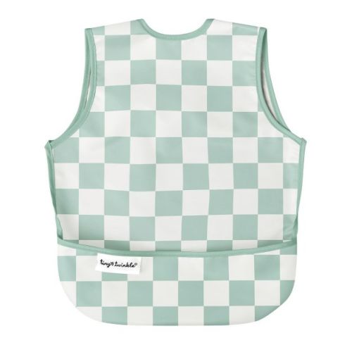 Tiny Twinkle Mess-Proof and Waterproof Baby Bib/Apron, Machine Washable and BPA-Free (Sage Checkers, Small 6-24 Months)