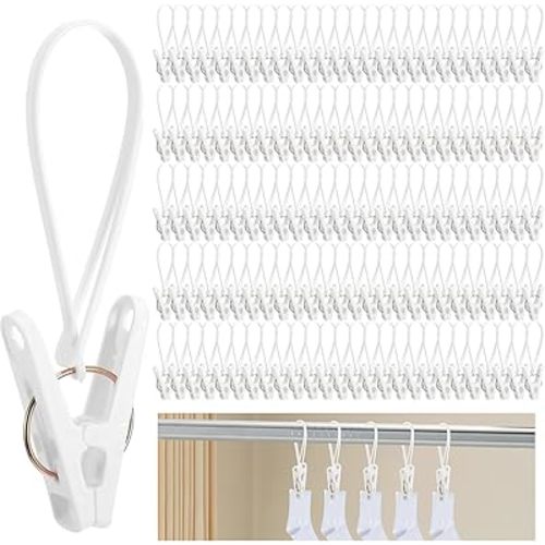 120 Pack Multi-Purpose Laundry Hooks Hanging Clips Bulk with Plastic Rope Hanger Clips for Baby Clothes Closet Organizer for Pants Hat Sock Boot Bra Towel Bathroom Wardrobe Kitchen White