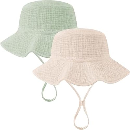 2 Pack Muslin Baby Sun Hat UPF 50+ Sun Protection Baby Bucket Hat with Wide Brim Beach Hats for Boys Girls (US, Age, 0 Months, 6 Months, Beige + Green)