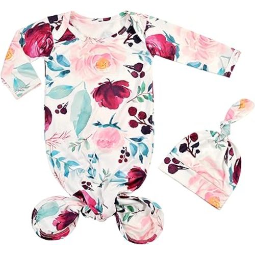 Newborn Baby Sleeper Set - Knotted Gown & Hat for Baby Girl or Boy - 0-3 Months