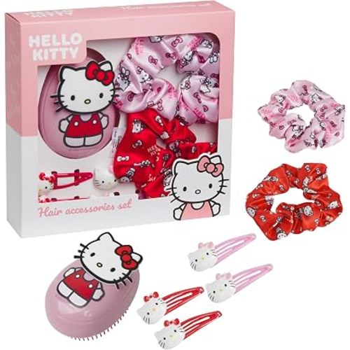 Hello Kitty Sanrio Hair Brush & Accessories Set, Kawaii Hair Clips, Scrunchies, Detangler Brush, Gifts for Women, Wife, Girlfriend, Girls, Teens (Hello Kitty Brush & Accessories)