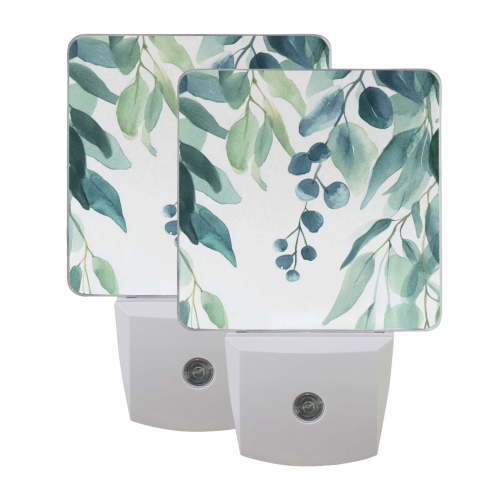 Eucalyptus Leaves Watercolor LED Night Light with Smart Sensor Plug Into Wall Dusk to Dawn 2 packs