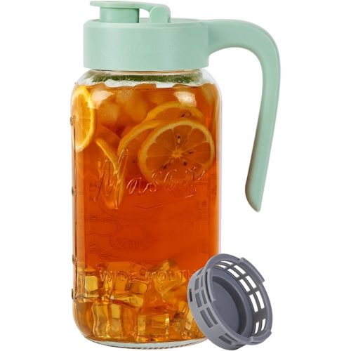 Mason Jar Pitcher with Tea Filter, Airtight & Leakproof Glass Pitcher with Lid, 64 oz Sun Tea Glass Jar for Outside, Perfect for Sun Tea, Lemonade, and iced Tea