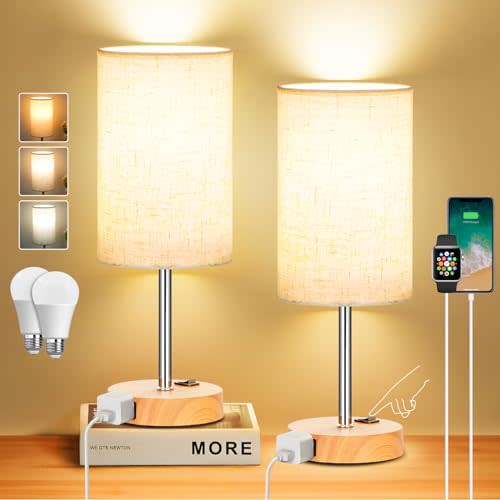 ZJOJO Table Lamp for Bedroom Set of 2, Bedside Small Lamps with 3 Way Dimmable Rocker Switch & AC Outlet, Nightstand Desk Lamp with Flaxen Fabric Shade Woodgrain Base for Living Room Home Decor Lights