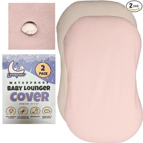 100% Waterproof Baby Lounger Cover - 2-Ply Organic Cotton Slipcovers Keep Your Lounger Clean & Your Baby Comfy - Machine Washable - (Lounger Not Included) - 2-Pack Includes Cream & Peach