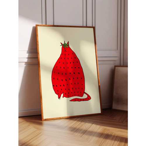 Strawberry Cat Print, Home Decor Gift For Her Kitchen, Bedroom, Living Room, Office, Kids, Girls, Bright and Colorful Illustration