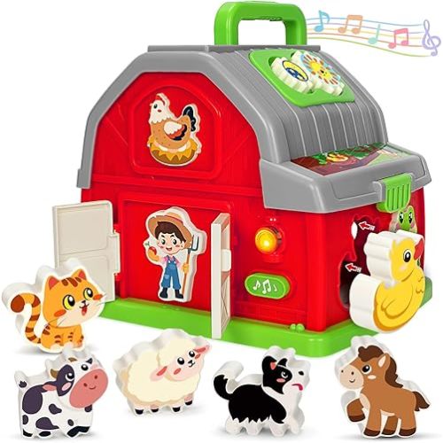 Montessori Learning Toys for 1 2 3 Year Old Boys Girls, Musical Farm Animals for Toddlers 1-3, Interactive Barn Toy with Light & Sound, Birthday Gifts for Baby Kid Toddler Age 12-18 Months