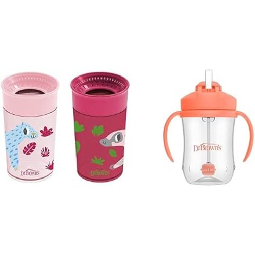 Dr. Brown's Milestones Cheers 360 Cup Spoutless Transition Cup, Travel Friendly & Leak-Free Sippy Milestones Baby’s First Straw Cup, Training Cup with Weighted Straw, Coral, 6m+
