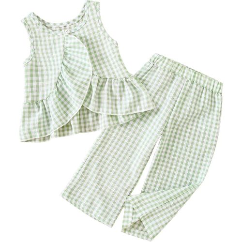 Weebaby Toddler Girl Clothes Infant Summer Outfits Baby Ruffle Tank Top Gingham Loose Pants Kid Baby Girls' Clothing