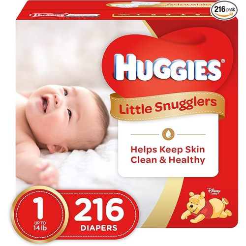 HUGGIES Little Snugglers Baby Diapers, Size 1, 216 Count, Unscented, Hypoallergenic, GentleAbsorb Liner, Pocketed-Back Waistband, Wetness Indicator, Premium Softness