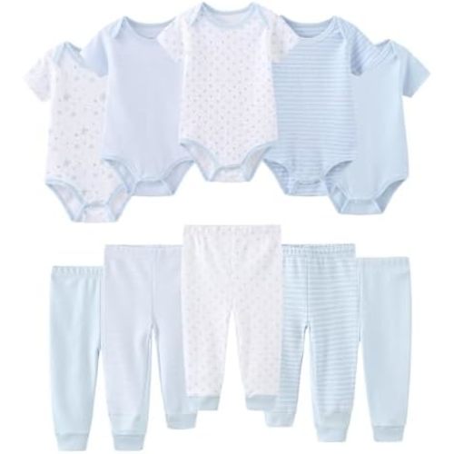 Ruliby Baby Bodysuit and Pant Set 10-pcs Cotton Soft Newborn Clothes Outfit