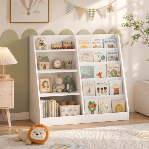 Ebern Designs White Kids Bookshelf and Toy Storage Organizer, 34.6" Wide MDF Bookcase with Display Shelves and Toy Bin for Playroom, Nursery, or Kids Room | Wayfair
