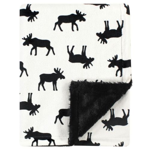 Hudson Baby Infant Boy Plush Blanket with Furry Binding and Back, Moose, One Size