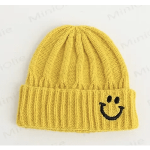 Baby Embroidered Smile Knitted Beanie - Yellow