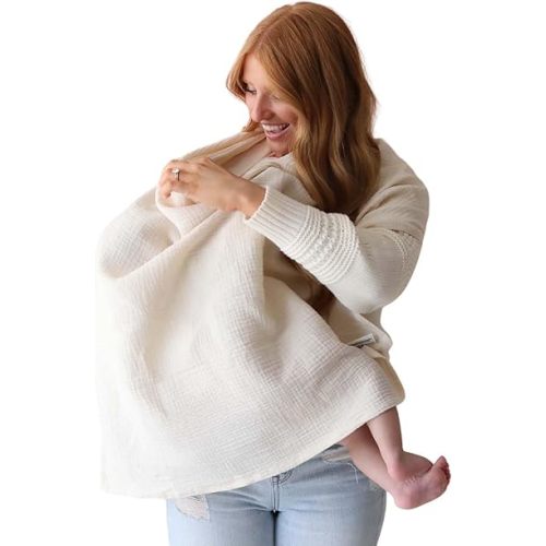 Snuggle Me® Nursing Cover - 100% Organic Cotton Muslin Nursing Cover Up for Baby Breastfeeding with BPA-free Silicone Teether Ring, Ultra-soft, Breathable & Lightweight Adjustable Mother Nursing Apron