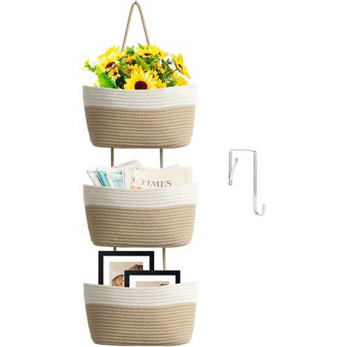 TeoKJ Over the Door Hanging Basket, 3-Tier Woven Cotton Wall-Mounted Storage Organizer Bag Decorative Hanging Kitchen Baskets - White + Jute