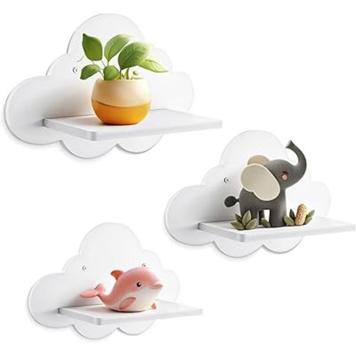 3 Pcs Floating Cloud Shelves for Wall, 3 Sizes White Nursery Small Wooden Hanging Bookshelf Cute Wavy Cloud Wall Decor for Toys, Books, Figure, Small Crafts Display