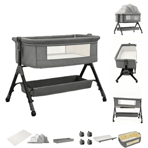 M-b-aby-m 4 in 1 Baby Bedside Bed,Portable Newborn Cribs with Changing Table,Rocking Infant Bed with Mosquito Net,Height Adjustable,Unisex,Grey