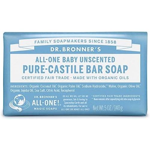 Dr. Bronner’s - Pure-Castile Bar Soap (Baby Unscented, 5 ounce) - Made with Organic Oils, For Face, Body and Hair, Gentle for Sensitive Skin and Babies, No Added Fragrance, Biodegradable, Vegan