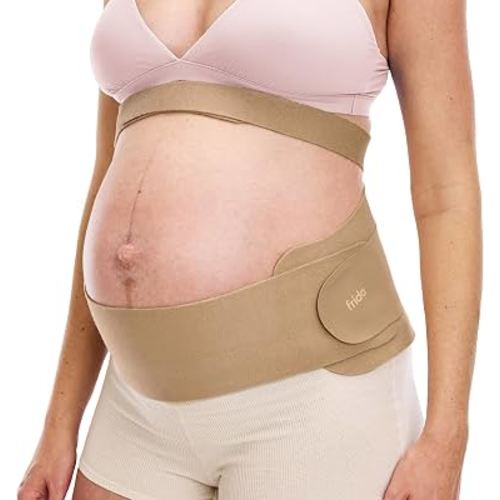 Frida Mom Dual Support Pregnancy Belly Band, Maternity Belly Band, Clay | Ultimate Back, Hip & Pelvic Support, Adjustable, Lightweight, Breathable, Grows with Bump, S/M