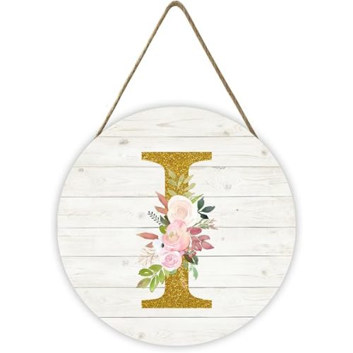 Watercolor Pink Floral Gold Glitter Letter I Round Wood Signs Door Hanger Rustic Farmhouse Floral Alphabet Wood Wreaths Wall Hanging Plaque Welcome Sign for Front Door Porch Kitchen Living Room