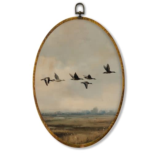Hiuwevt Moonlight Floral Owl Oval Wall Art Decor, Vintage Farmhouse Waterfowl Framed Canvas Prints, Rustic Mallard Duck Oval Wall Hanging Decor for Country Farm Home Room Decorations, 8.6x11.4 Inches