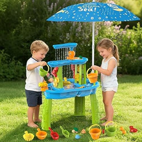 3-Tier Toddler Kids Water Sand Table With Umbrella - Summer Outdoor Toys with Stable Design, Multifunctional Sensory Learning Pool Beach Backyard Activity Playset Gifts for Boys Girls(Breeze)