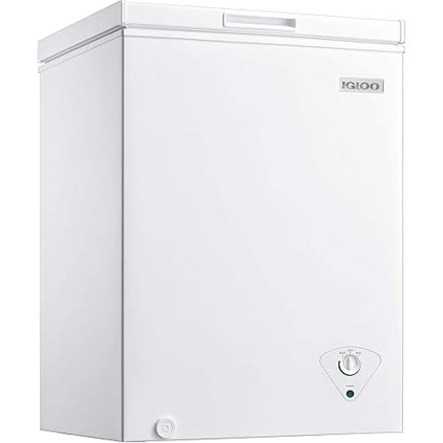 Igloo 5.0 Cu. Ft. Chest Freezer With Removable Basket, Free-Standing Door Temperature Ranges From -10 to 10 F, Front Defrost Water Drain, Perfect for Homes, Garages, Basements, RVs, White