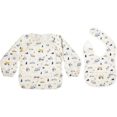 haakaa Waterproof Baby Bib Set, Mess Proof Long Sleeve Smock & Lightweight Baby Bib for Eating, Toddler Feeding Bib for Baby Led Weaning, Machine Washable Infant Bib for 6-24 Months, Construction Crew