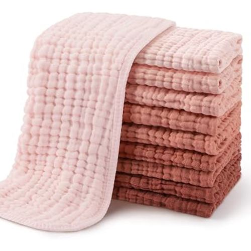 Yoofoss Muslin Burp Cloths for Baby 10 Pack 100% Cotton Baby Washcloths for Boys Girls Large 20''X10'' Super Soft and Absorbent Gradient Pink