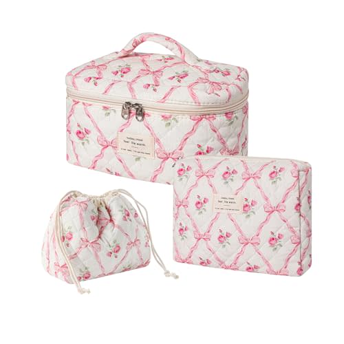 uekeboag 3pcs Large Cotton Quilted Makeup Bag Set,Coquette Aesthetic Cute Travel Toiletry Bag,Drawstring Gift Bag for Women and Girls(3Pcs Pink Bow)