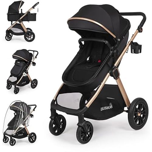 6-in-1 Convertible Baby Stroller with Bassinet Mode - Toddler Stroller w/Footmuff, Rain Cover, Cup Holder & Large Storage, Newborn Stroller w/All-Scene Large Wheels, Reversible Seat(Black)