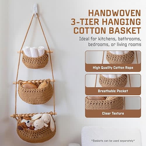 Cotton Hanging Fruit Basket, 3 Tier Woven Wall Basket, Hanging storage baskets for Kitchen and Bathroom, Macrame Wall Hanging, Boho Decor Over The Door Organizer, Brown