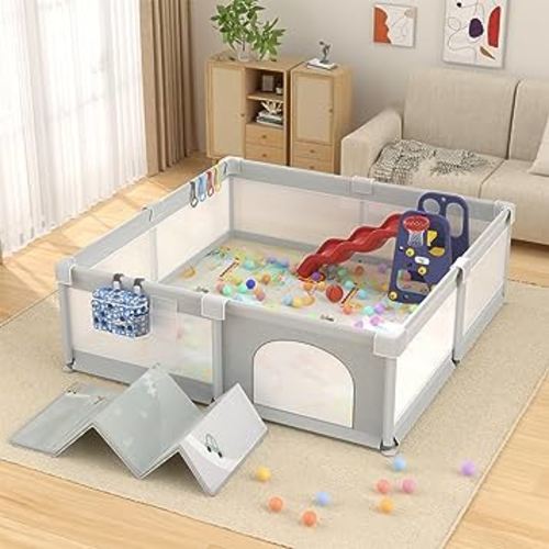 LUTIKIANG 79" x 71" Baby Playpen with Upgrade Mat, Portable Play Yard for Babies and Toddlers, Extra Large Baby Gate Playpen, Play Pin, Fence Area, Includes Ocean Balls, Pulling Rings