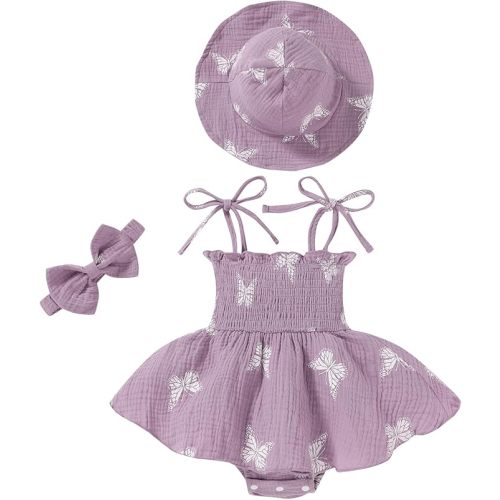 Baby Girl Clothes Toddler Summer Sleeveless Romper Dress with Headband and Hat Cute Infant Jumpsuit Outfits