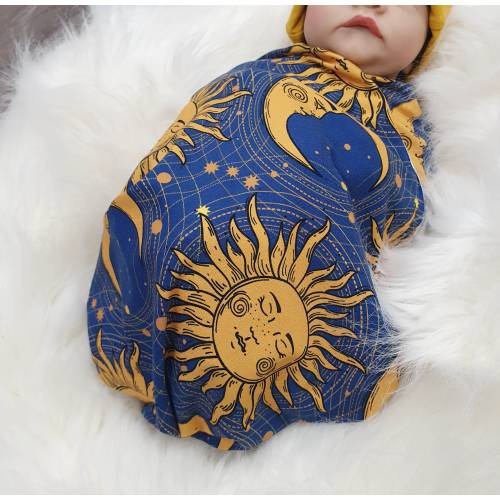 Sunshine and Moon Baby Swaddle Set, Celestial Print Swaddle with Mustard Accessories, Baby Swaddle with Hat, Headband, Swaddle & Turban Set