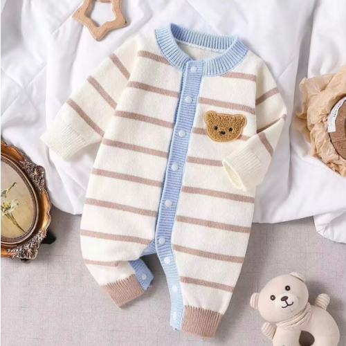 SHEIN Vintaside Kids Baby Boy Cute White Autumn Colorblock Striped Knitted Jumpsuit,Newborn Unisex Baby Clothes For Holiday Fashionable Versatile Infant Romper Clothing | SHEIN USA